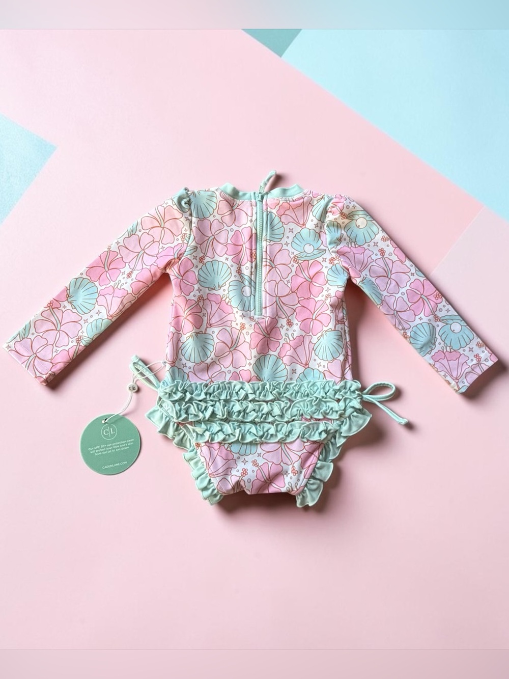 Caden Lane Pink & Mint Seashell Ruffle Rashguard One-Piece - Picture 2 of 7